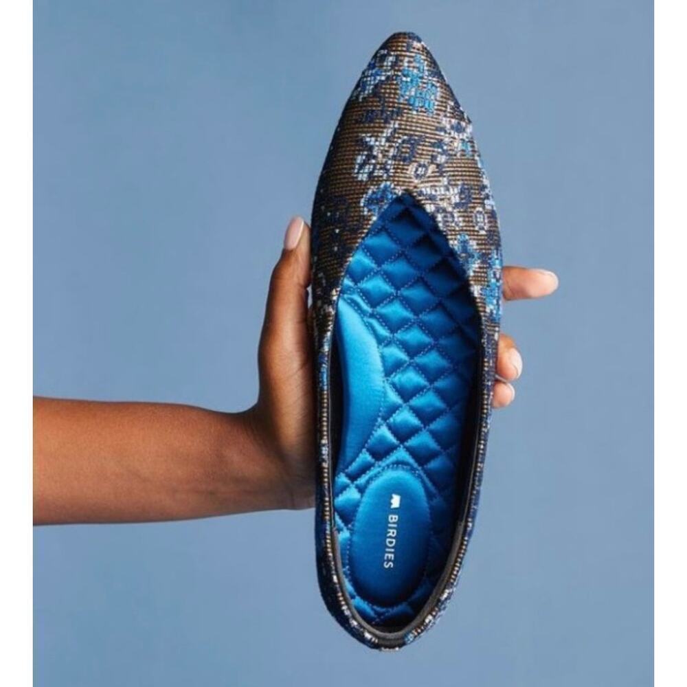 Birdies Goldfinch Flats Ballet Needlepoint Pointed Toe Floral Blue Gold Size 5.5 - Picture 3 of 10